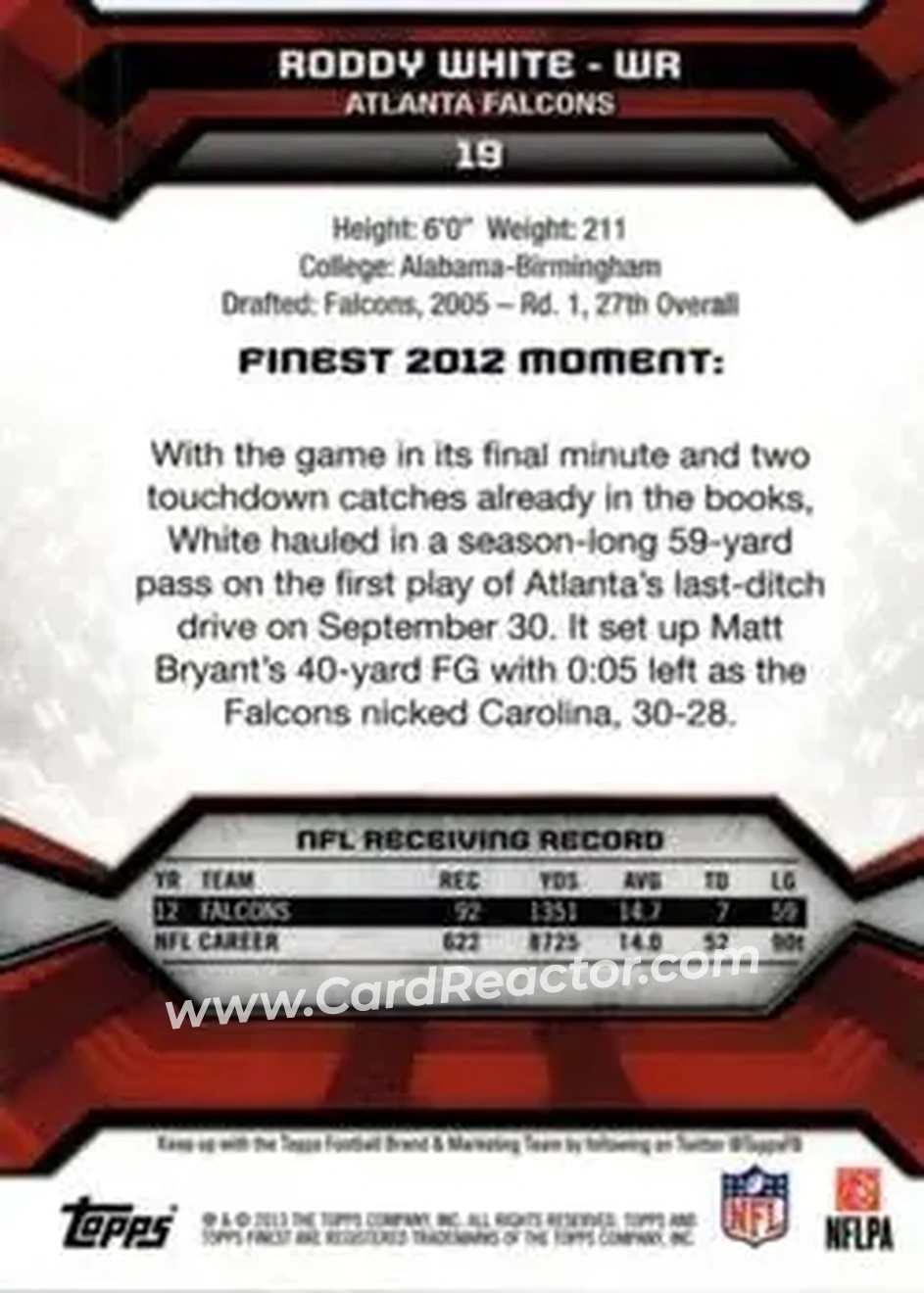 2013 Finest #19 - Roddy White - Atlanta Falcons - Back
