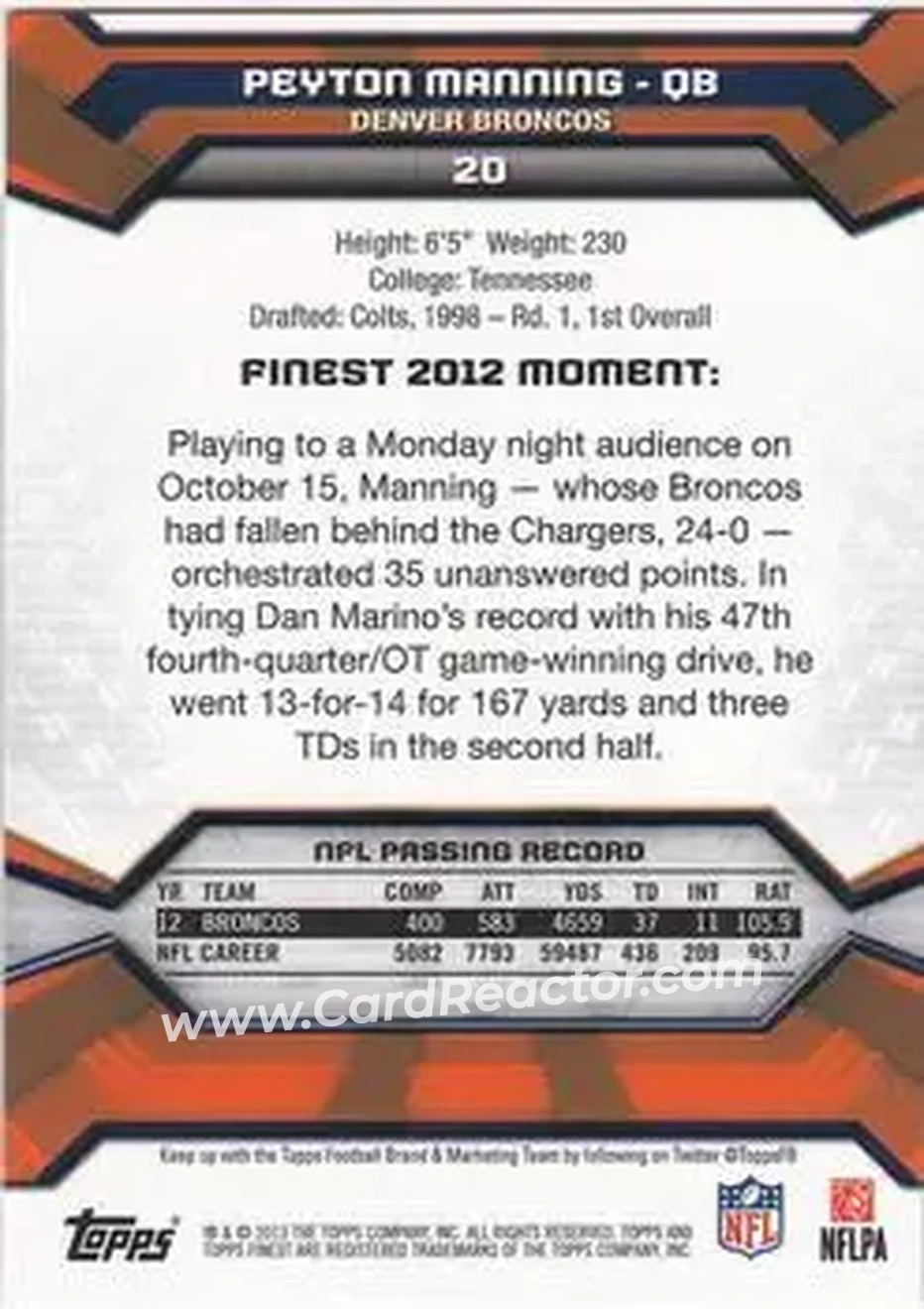 2013 Finest #20 - Peyton Manning - Denver Broncos - Back