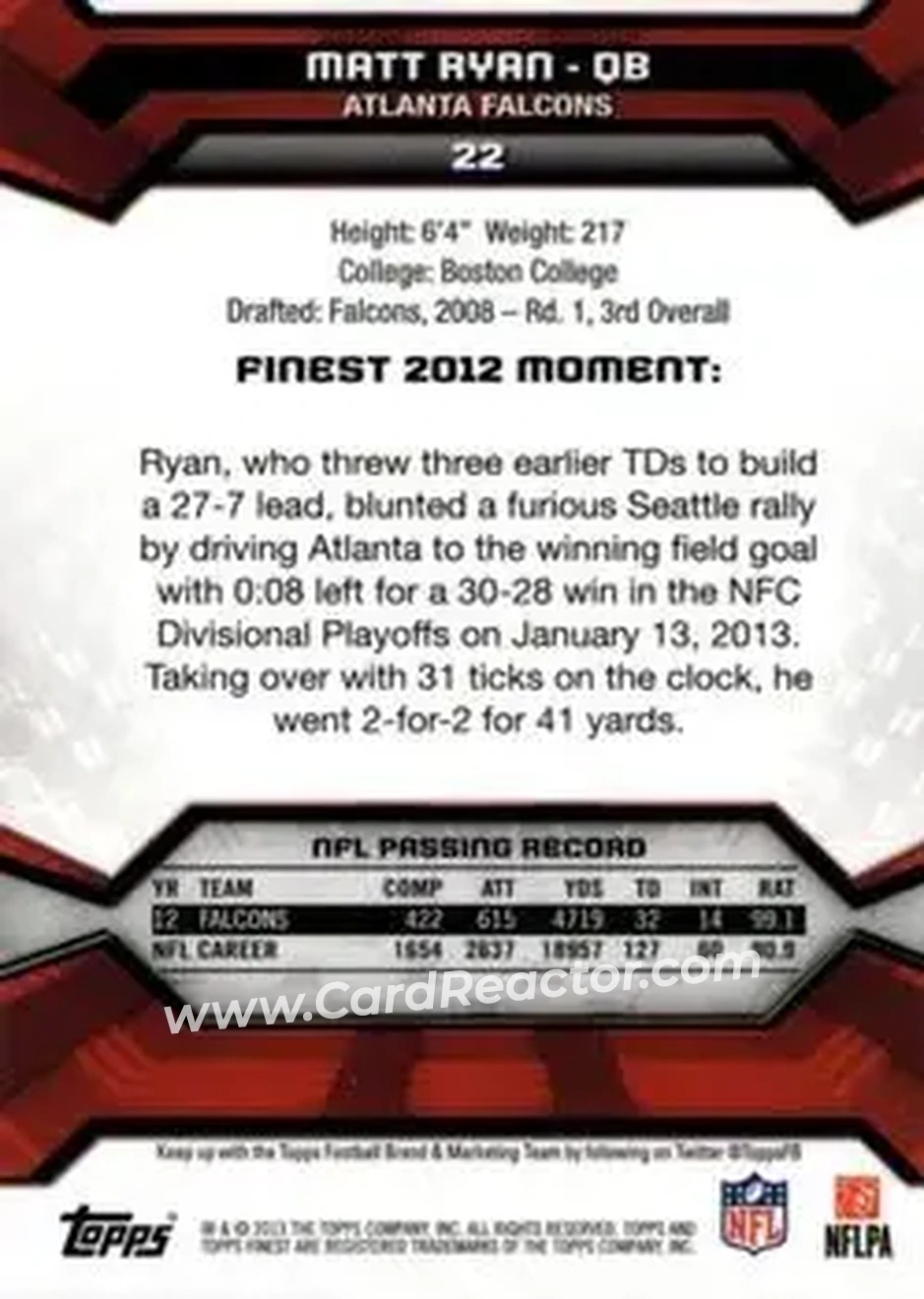 2013 Finest #22 - Matt Ryan - Atlanta Falcons - Back
