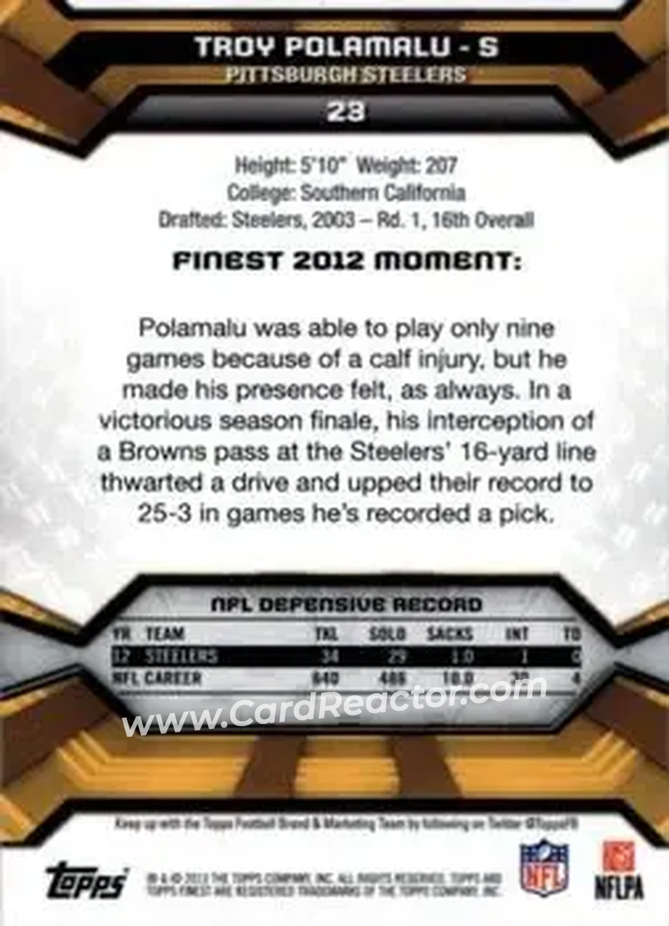 2013 Finest #23 - Troy Polamalu - Pittsburgh Steelers - Back