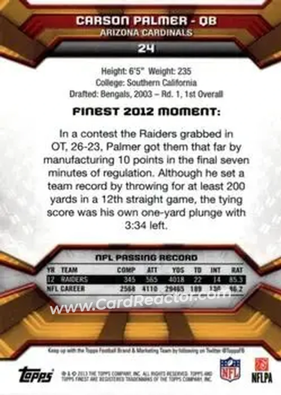 2013 Finest #24 - Carson Palmer - Arizona Cardinals - Back