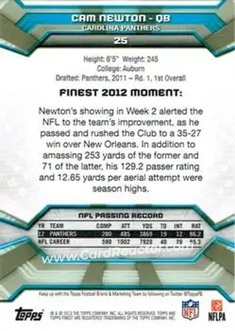 2013 Finest #25 - Cam Newton - Carolina Panthers - Back 2013 Finest #25 - Cam Newton - Carolina Panthers - Back