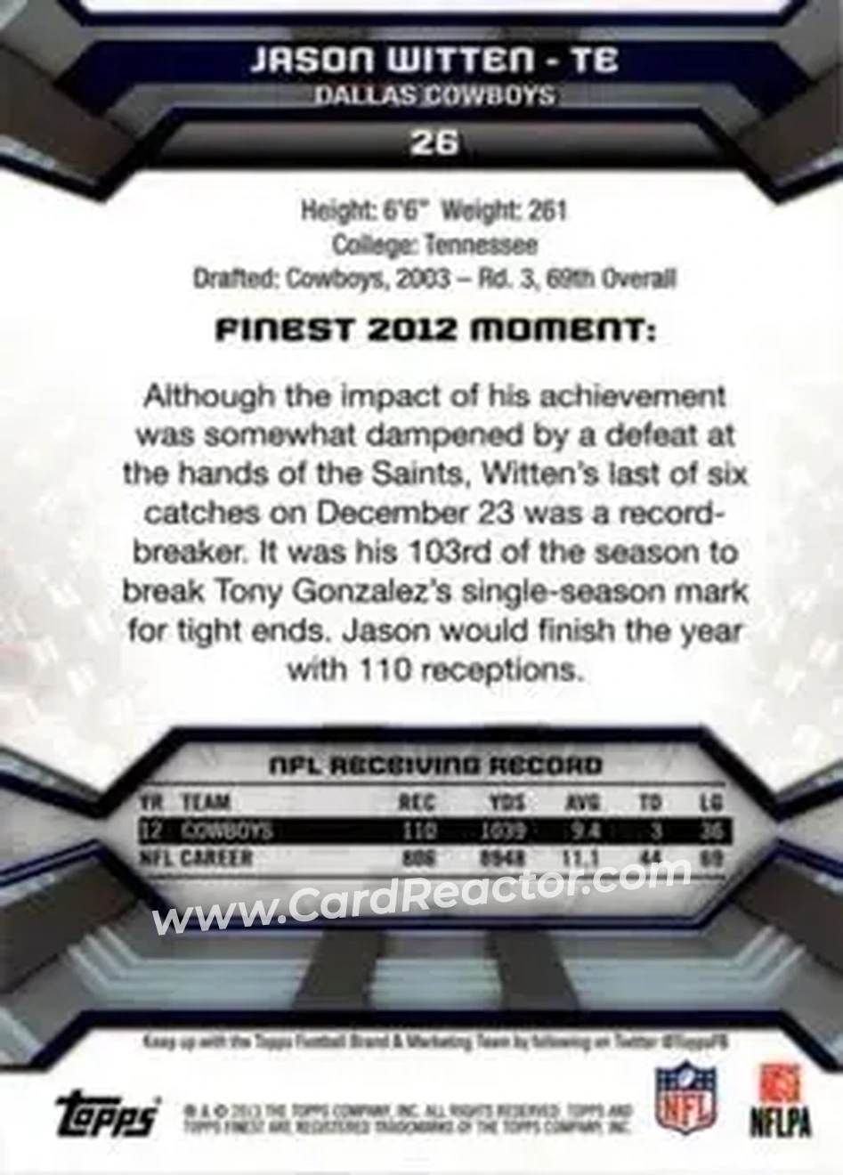 2013 Finest #26 - Jason Witten - Dallas Cowboys - Back