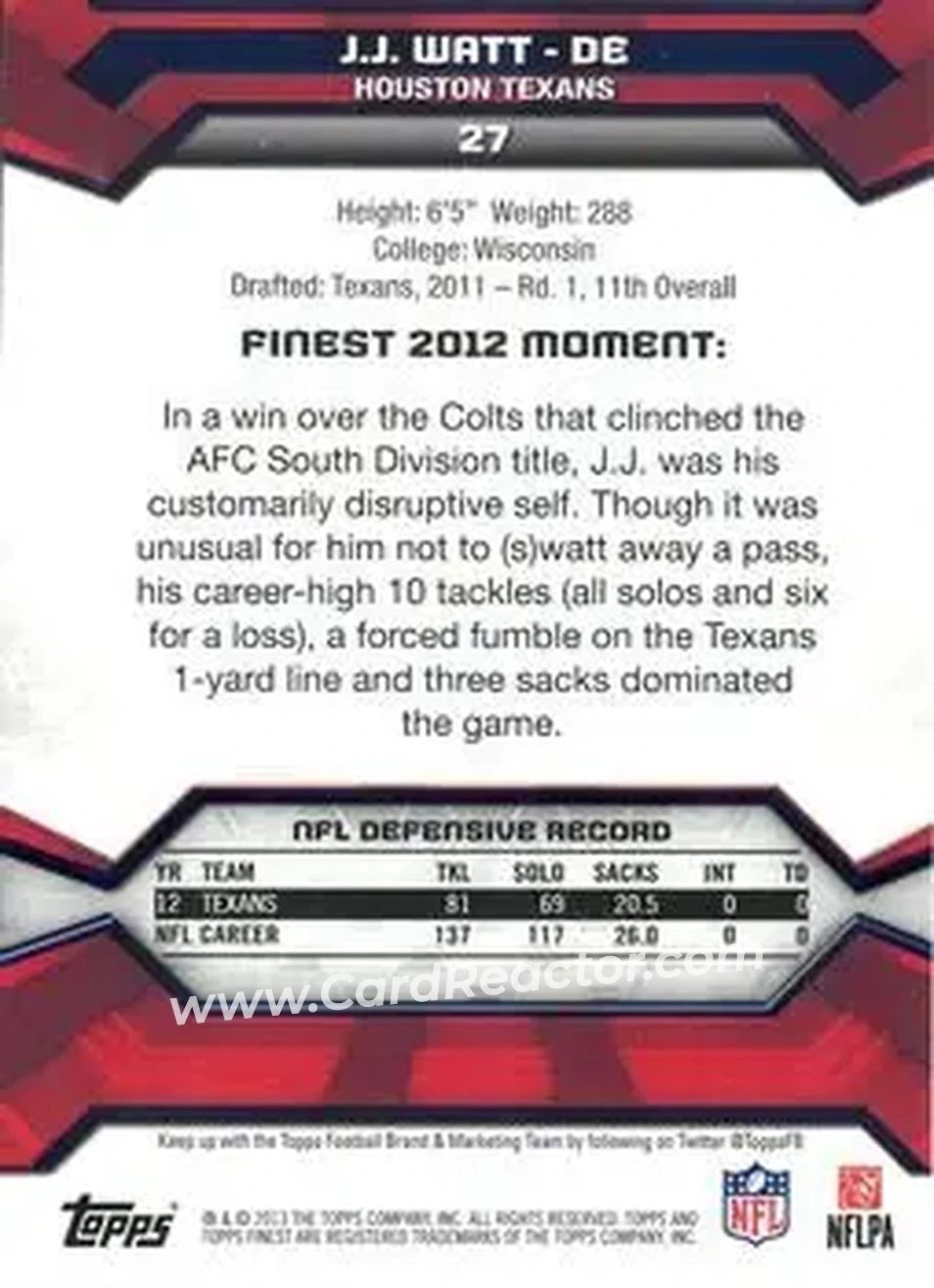 2013 Finest #27 - J.J. Watt - Houston Texans - Back