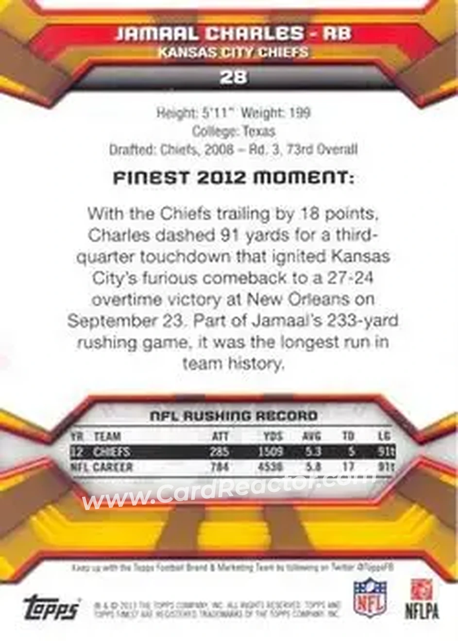 2013 Finest #28 - Jamaal Charles - Kansas City Chiefs - Back