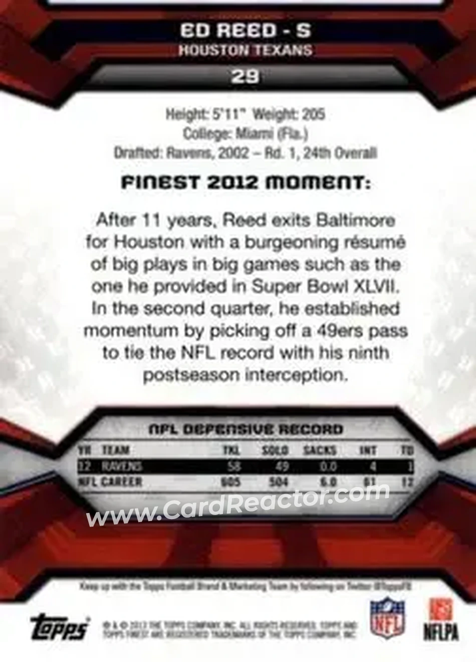 2013 Finest #29 - Ed Reed - Houston Texans - Back