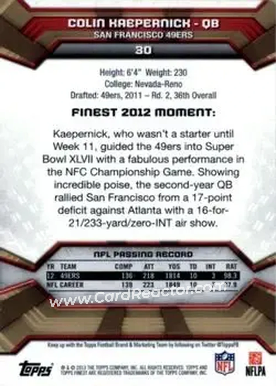 2013 Finest #30 - Colin Kaepernick - San Francisco 49ers - Back