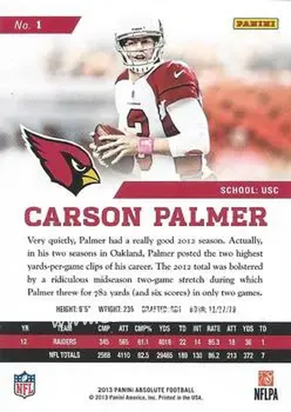 2013 Panini Absolute #1 - Carson Palmer - Arizona Cardinals - Back