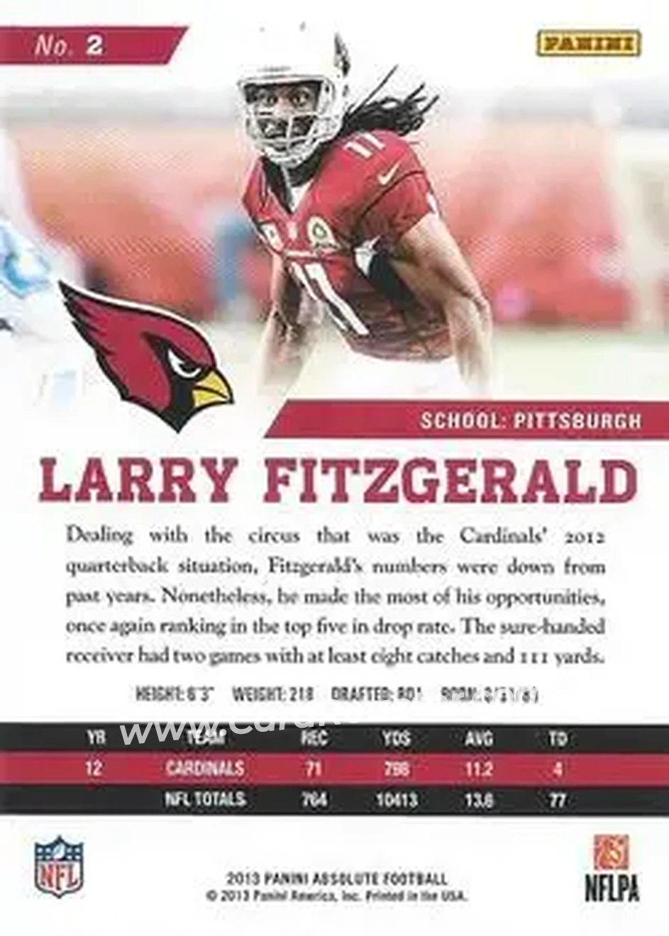 2013 Panini Absolute #2 - Larry Fitzgerald - Arizona Cardinals - Back