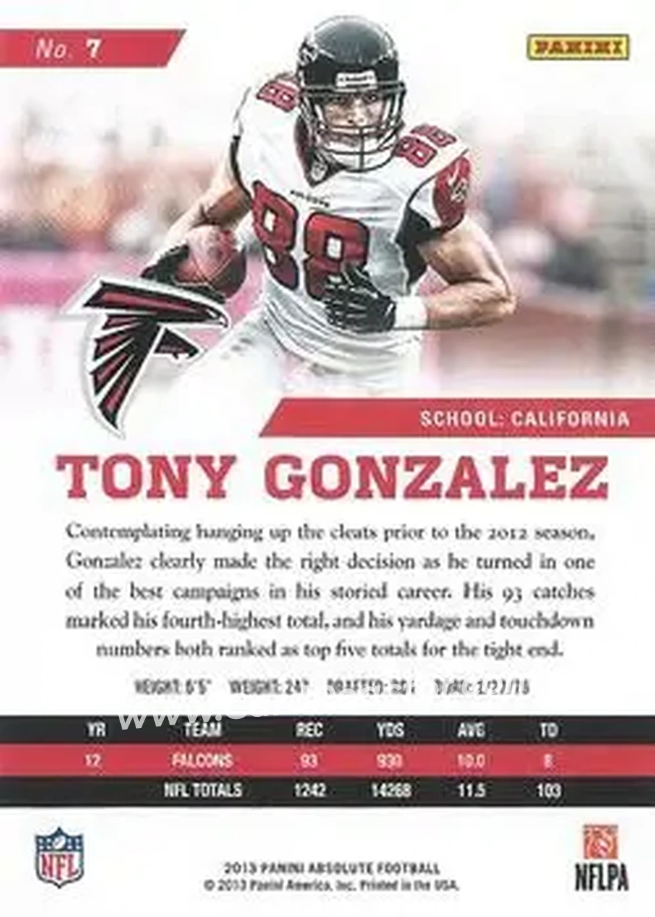 2013 Panini Absolute #7 - Tony Gonzalez - Atlanta Falcons - Back