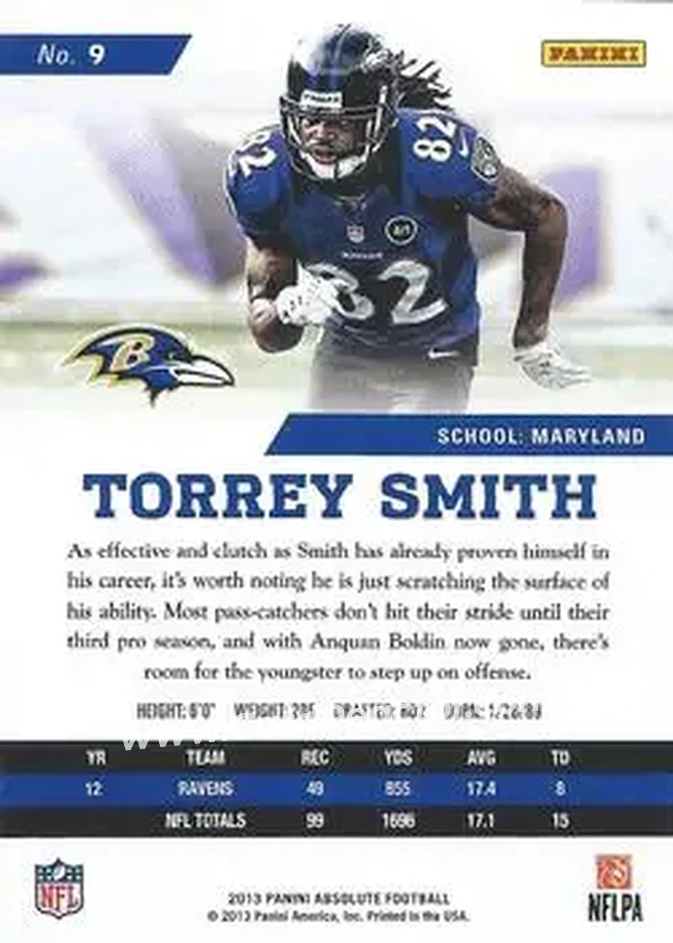 2013 Panini Absolute #9 - Torrey Smith - Baltimore Ravens - Back