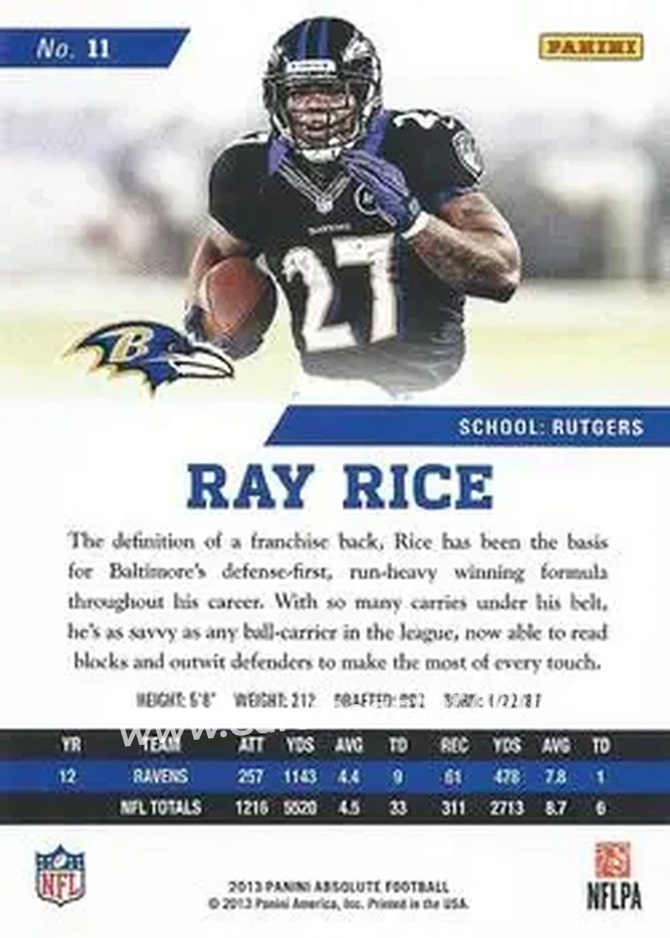 2013 Panini Absolute #11 - Ray Rice - Baltimore Ravens - Back