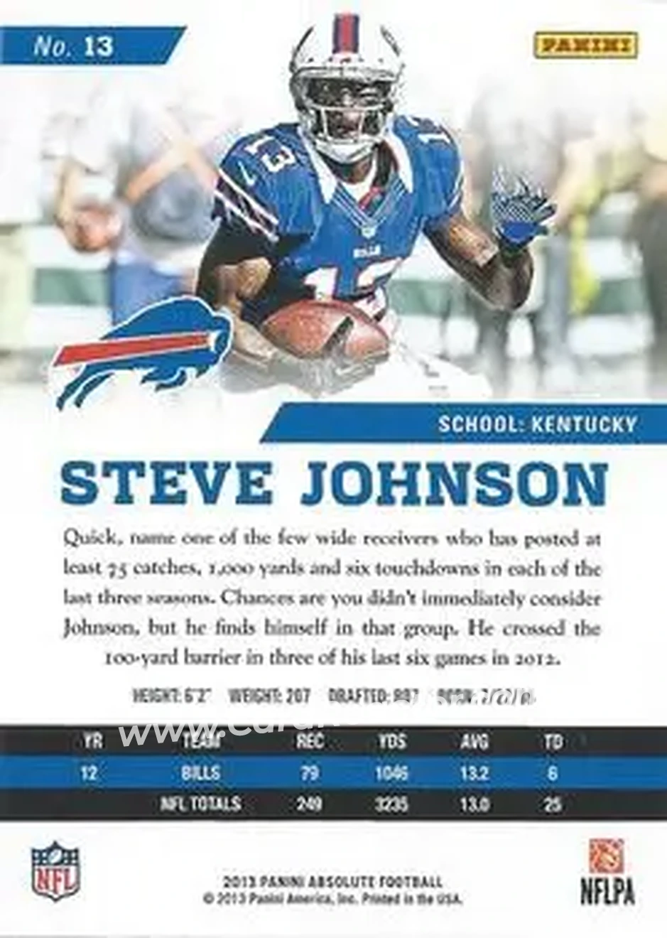 2013 Panini Absolute #13 - Steve Johnson - Buffalo Bills - Back