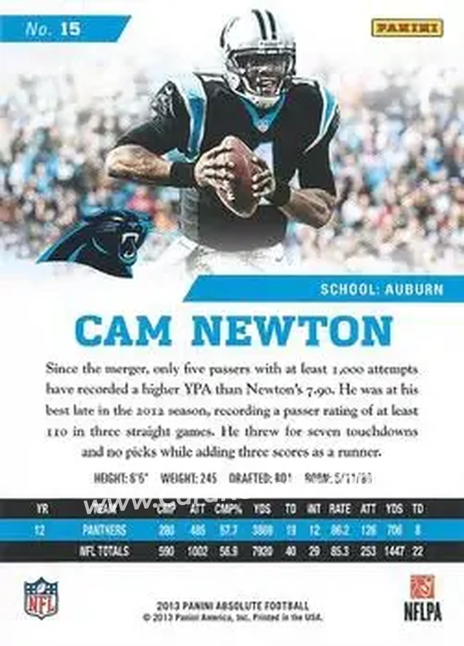 2013 Panini Absolute #15 - Cam Newton - Carolina Panthers - Back