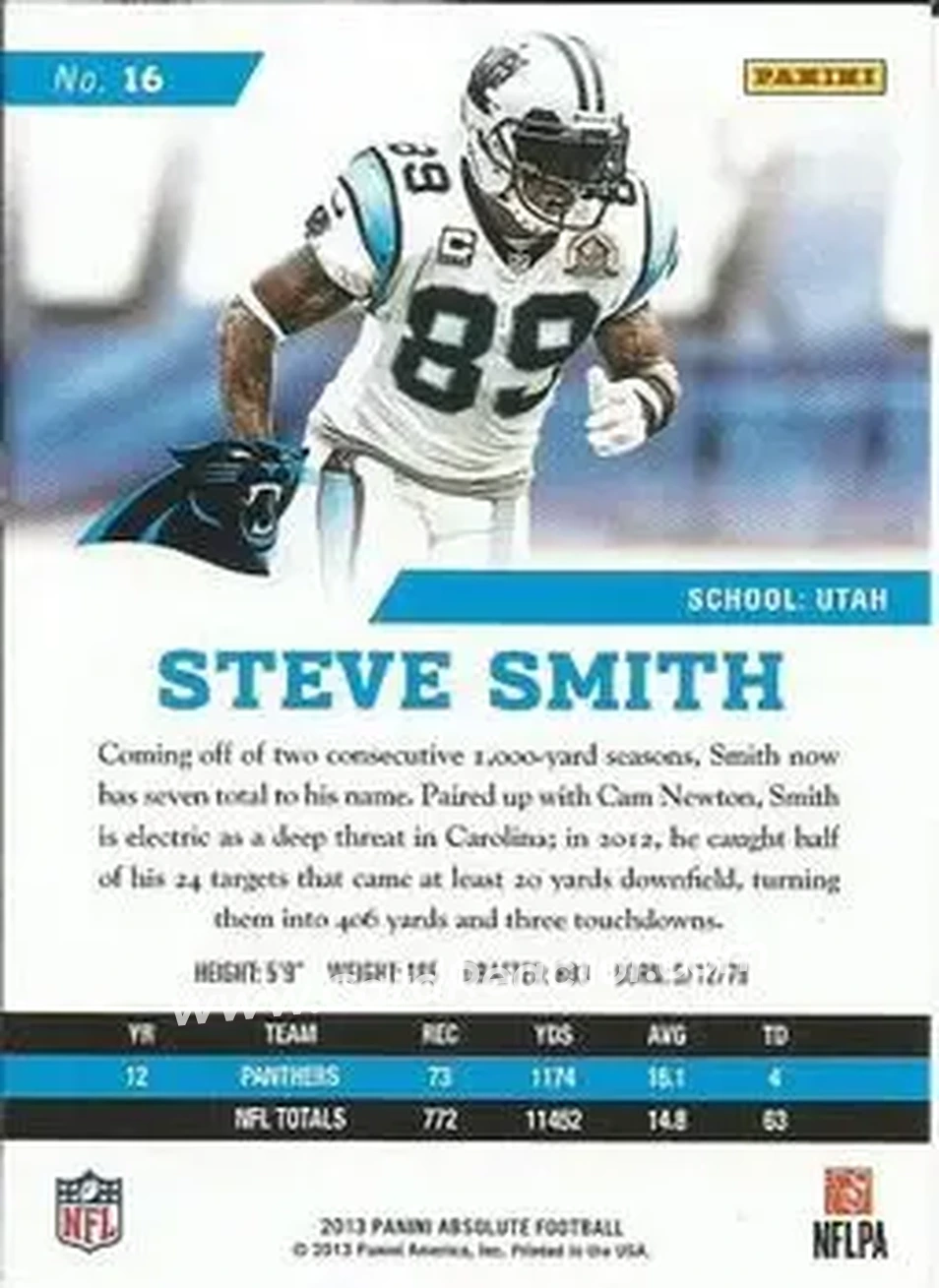 2013 Panini Absolute #16 - Steve Smith Sr. - Carolina Panthers - Back