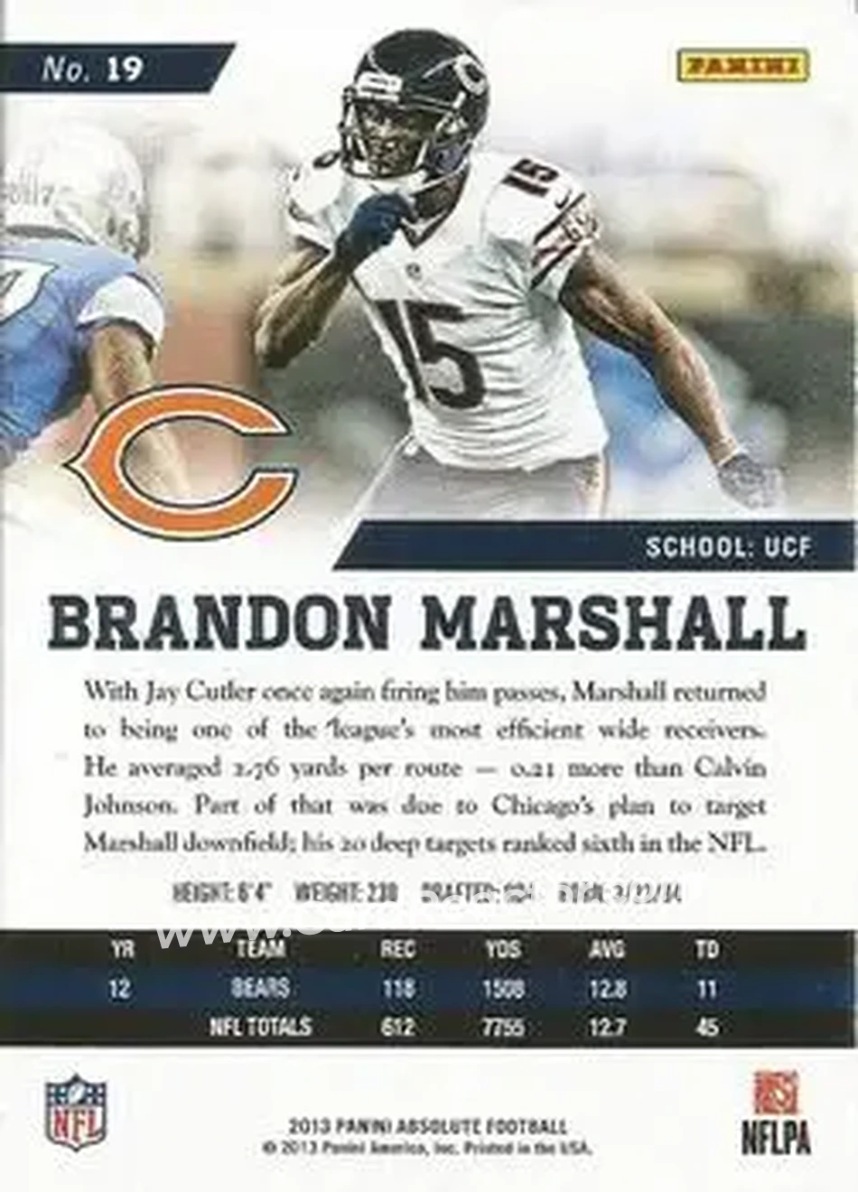 2013 Panini Absolute #19 - Brandon Marshall - Chicago Bears - Back