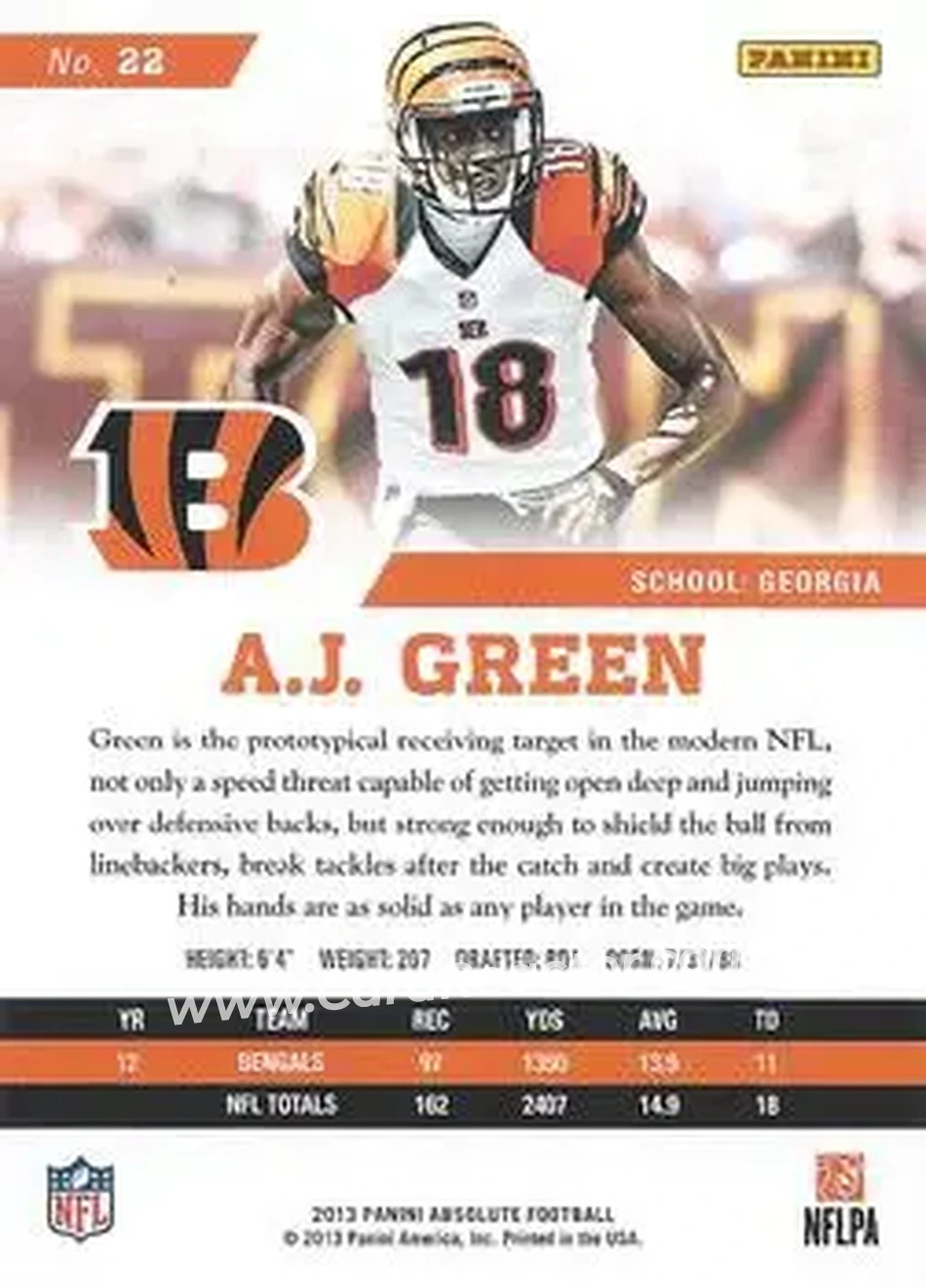 2013 Panini Absolute #22 - A.J. Green - Cincinnati Bengals - Back