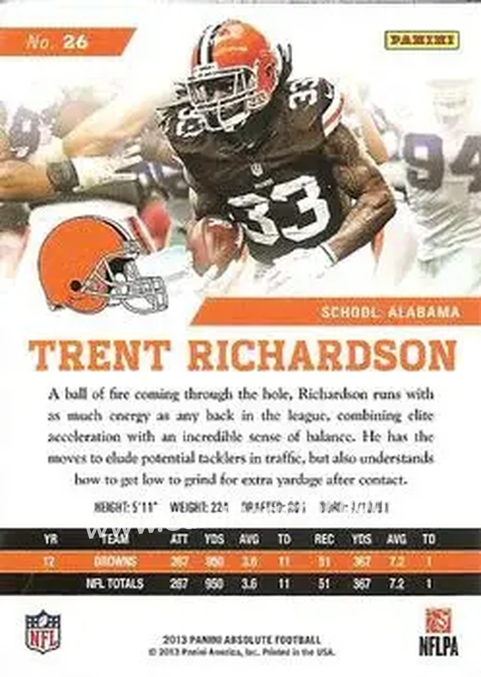 2013 Panini Absolute #26 - Trent Richardson - Cleveland Browns - Back