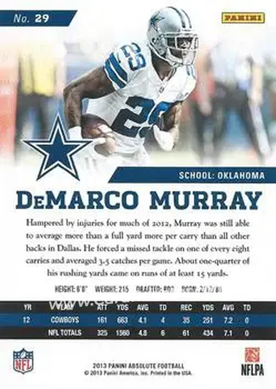 2013 Panini Absolute #29 - DeMarco Murray - Dallas Cowboys - Back