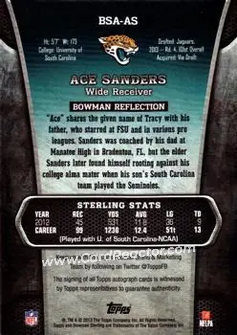 2013 Bowman Sterling - Autographs #BSA-AS - Ace Sanders - Jacksonville Jaguars - Back