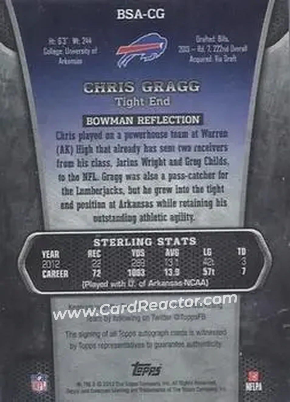 2013 Bowman Sterling - Autographs #BSA-CG - Chris Gragg - Buffalo Bills - Back
