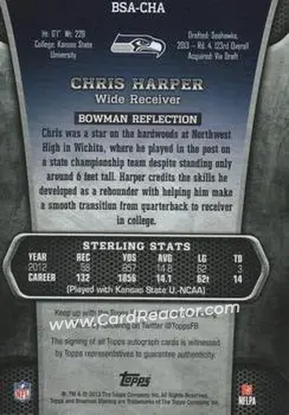 2013 Bowman Sterling - Autographs #BSA-CHA - Chris Harper - Seattle Seahawks - Back 2013 Bowman Sterling - Autographs #BSA-CHA - Chris Harper - Seattle Seahawks - Back