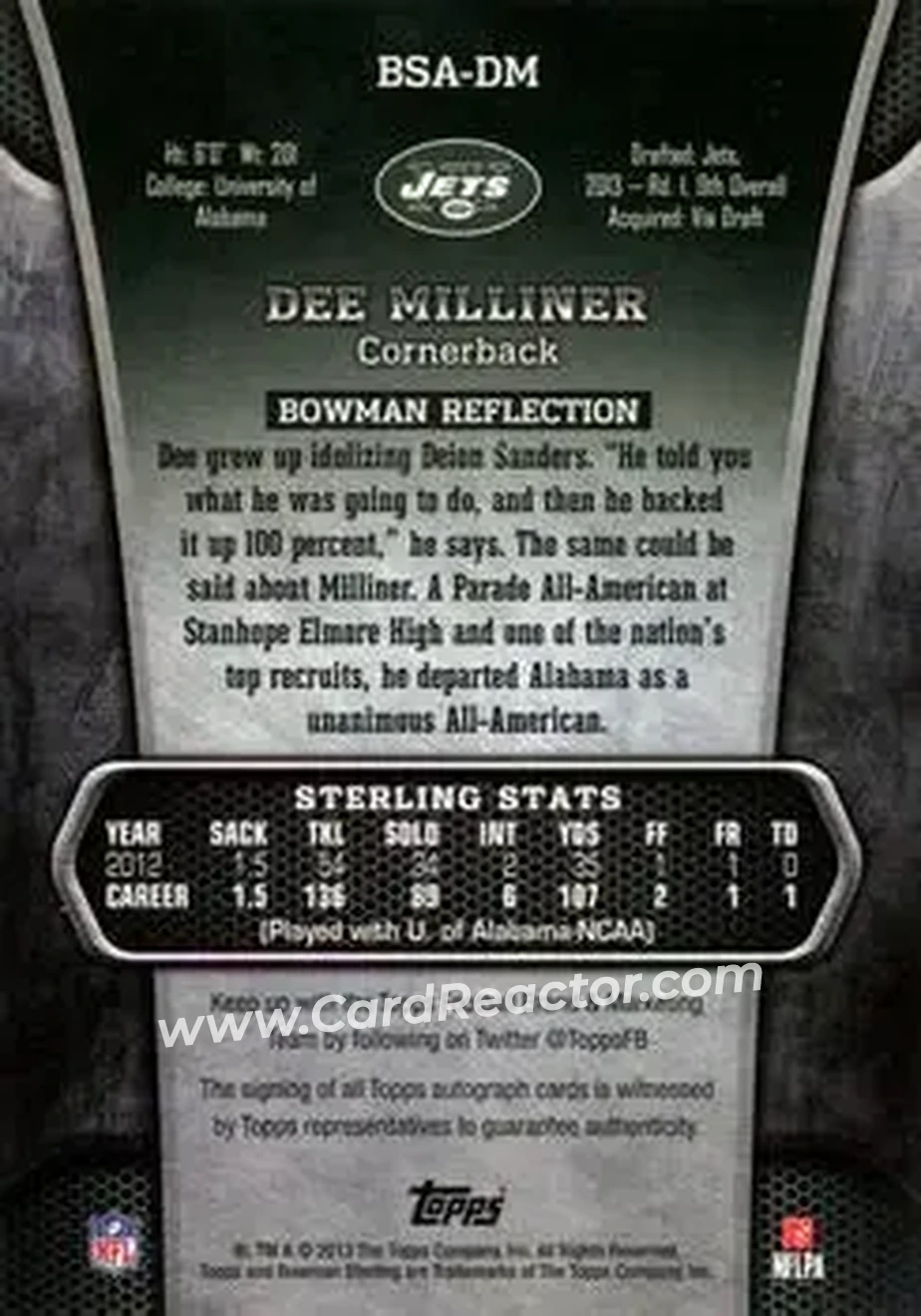 2013 Bowman Sterling - Autographs #BSA-DM - Dee Milliner - New York Jets - Back