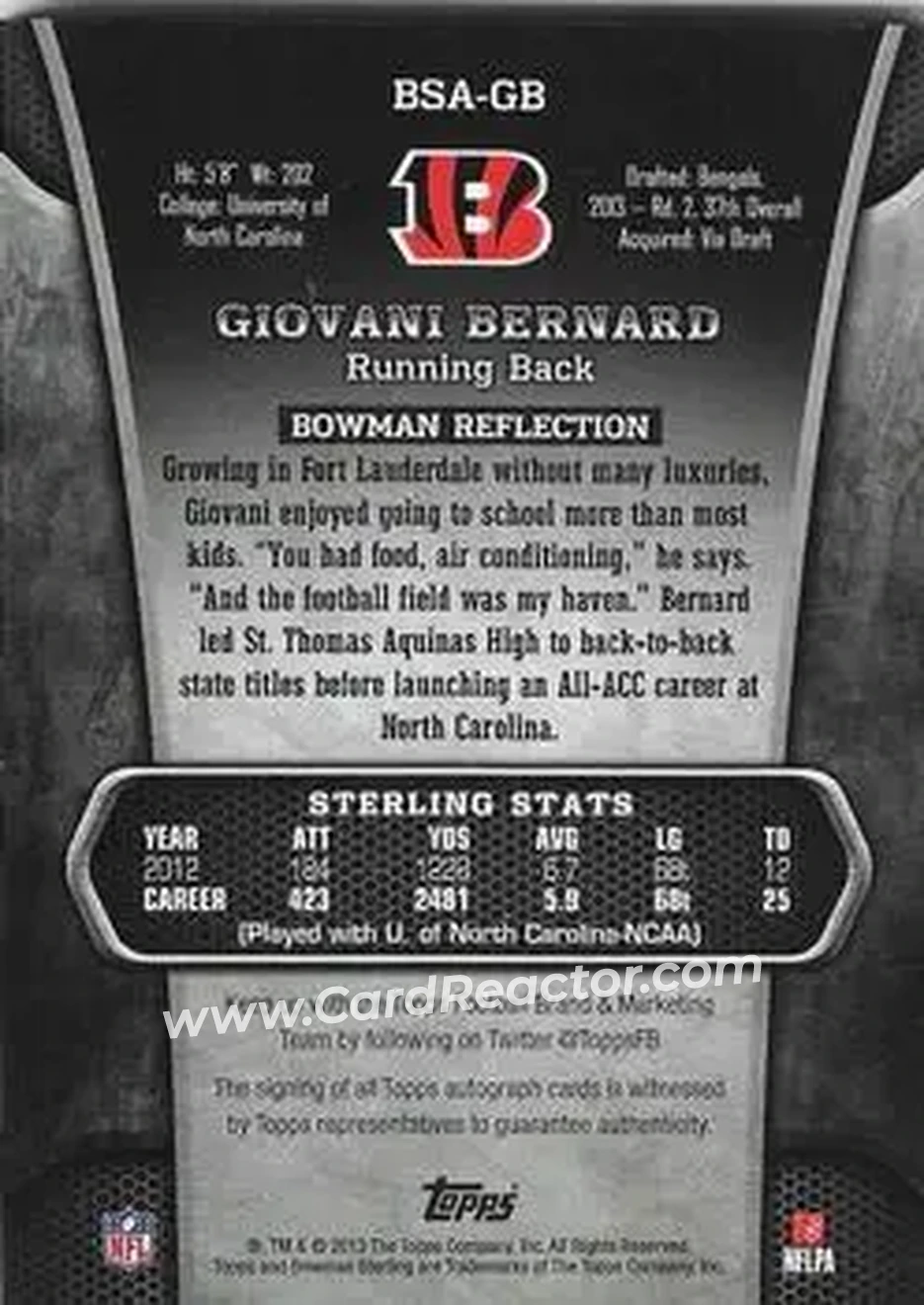 2013 Bowman Sterling - Autographs #BSA-GB - Giovani Bernard - Cincinnati Bengals - Back 2013 Bowman Sterling - Autographs #BSA-GB - Giovani Bernard - Cincinnati Bengals - Back