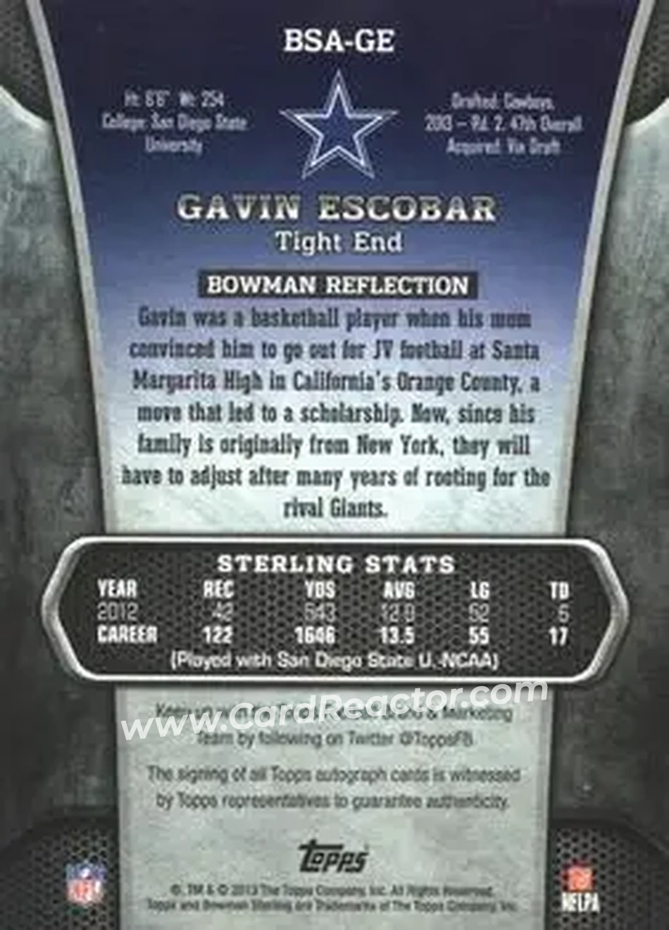 2013 Bowman Sterling - Autographs #BSA-GE - Gavin Escobar - Dallas Cowboys - Back
