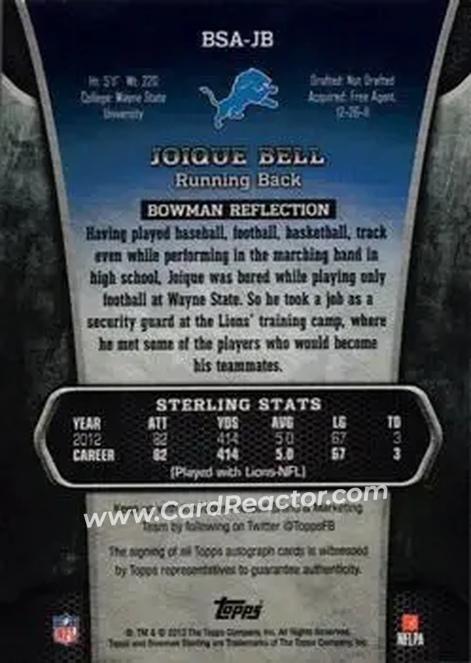 2013 Bowman Sterling - Autographs #BSA-JB - Joique Bell - Detroit Lions - Back 2013 Bowman Sterling - Autographs #BSA-JB - Joique Bell - Detroit Lions - Back