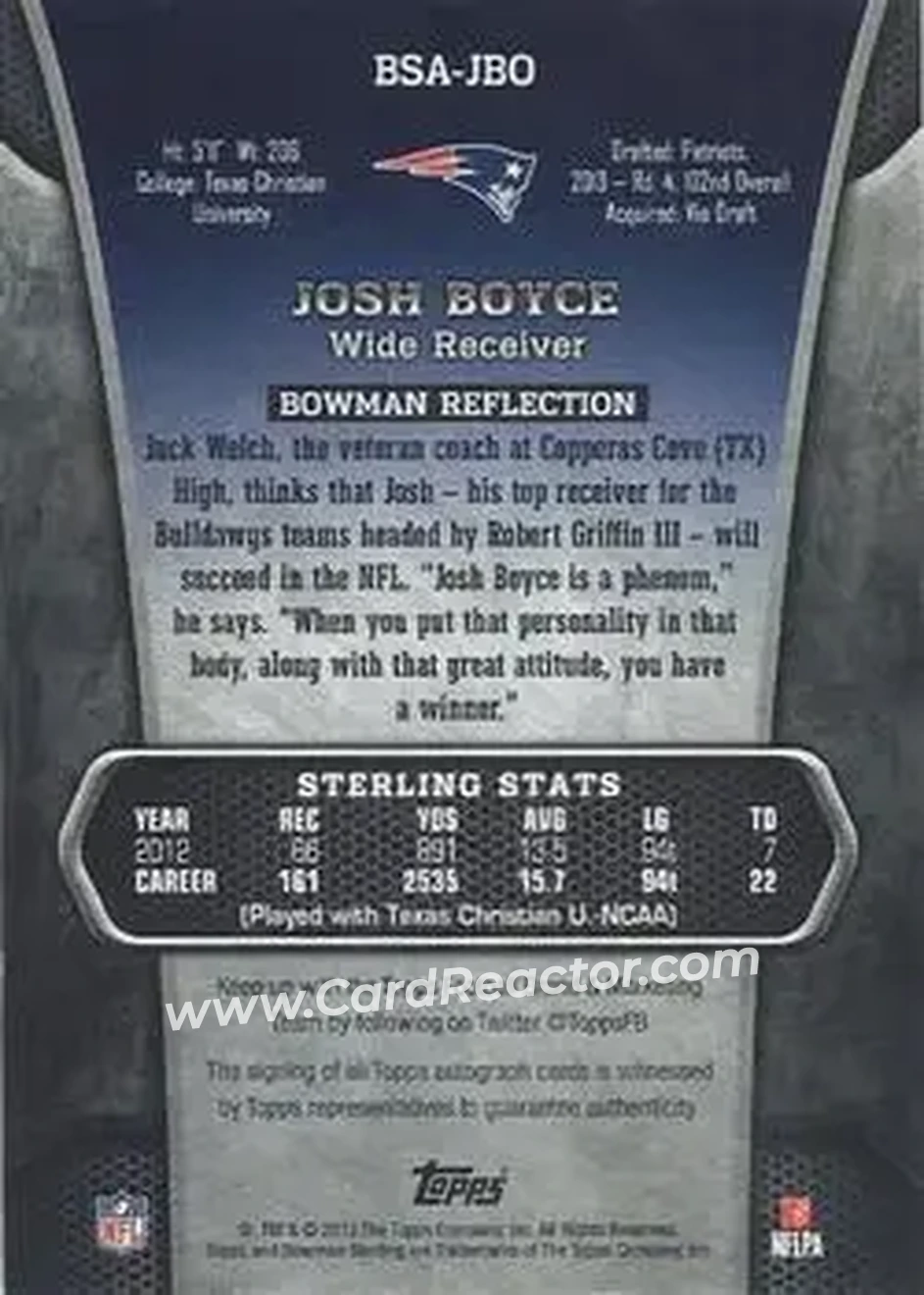 2013 Bowman Sterling - Autographs #BSA-JBO - Josh Boyce - New England Patriots - Back 2013 Bowman Sterling - Autographs #BSA-JBO - Josh Boyce - New England Patriots - Back