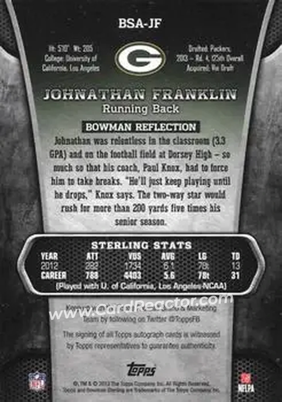 2013 Bowman Sterling - Autographs #BSA-JF - Johnathan Franklin - Green Bay Packers - Back