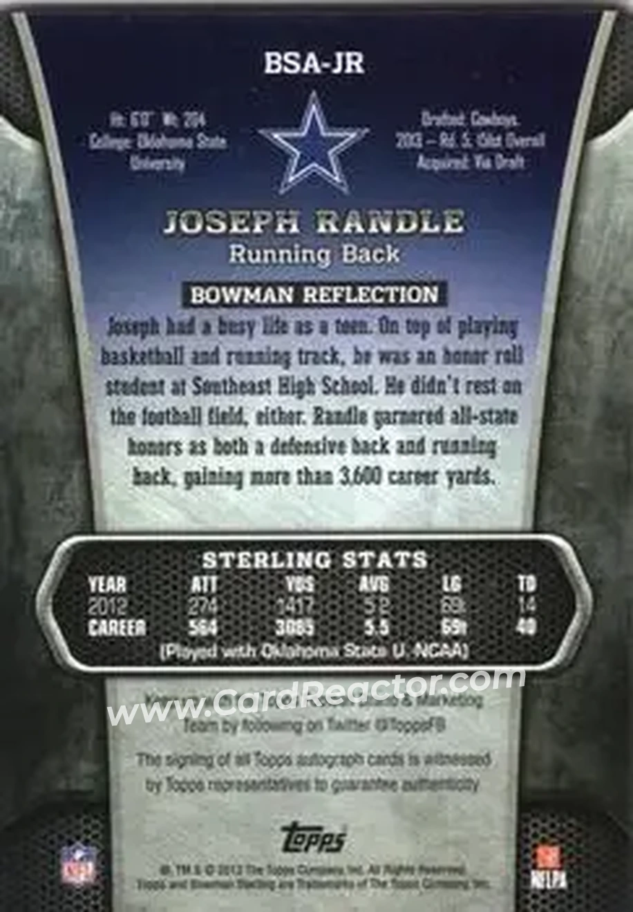 2013 Bowman Sterling - Autographs #BSA-JR - Joseph Randle - Dallas Cowboys - Back 2013 Bowman Sterling - Autographs #BSA-JR - Joseph Randle - Dallas Cowboys - Back