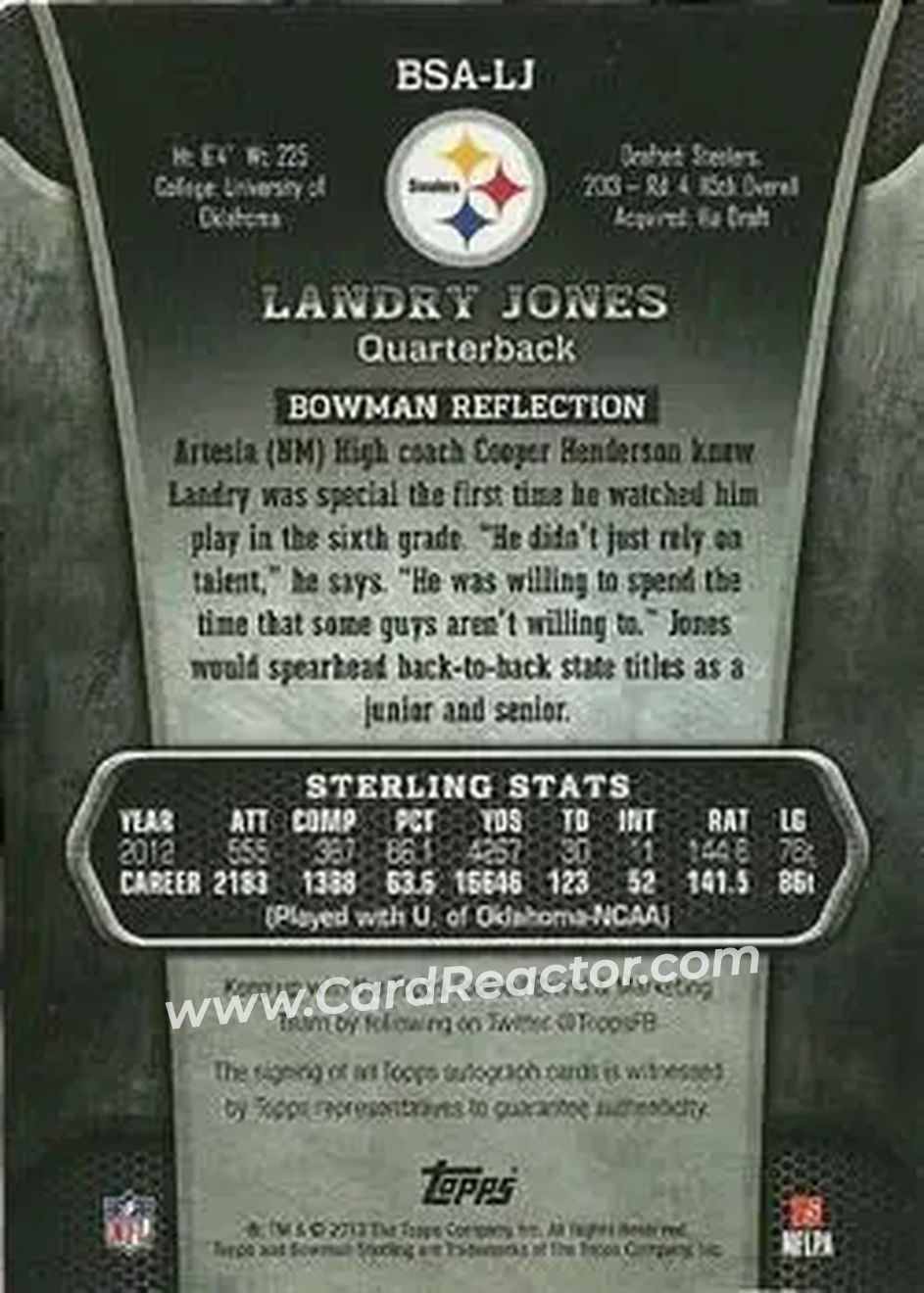 2013 Bowman Sterling - Autographs #BSA-LJ - Landry Jones - Pittsburgh Steelers - Back