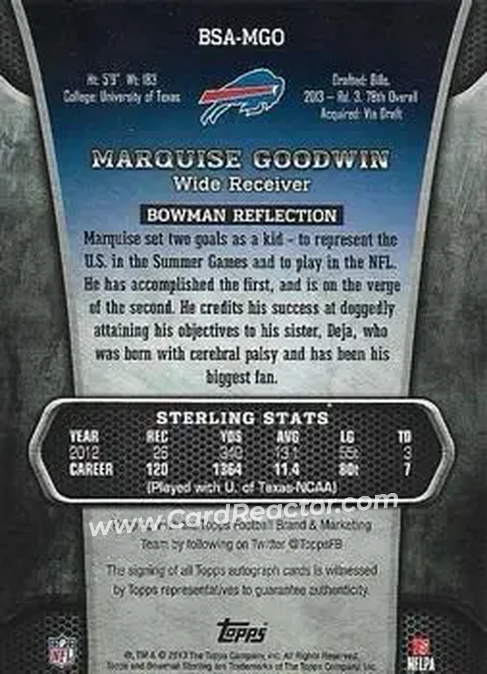2013 Bowman Sterling - Autographs #BSA-MGO - Marquise Goodwin - Buffalo Bills - Back 2013 Bowman Sterling - Autographs #BSA-MGO - Marquise Goodwin - Buffalo Bills - Back