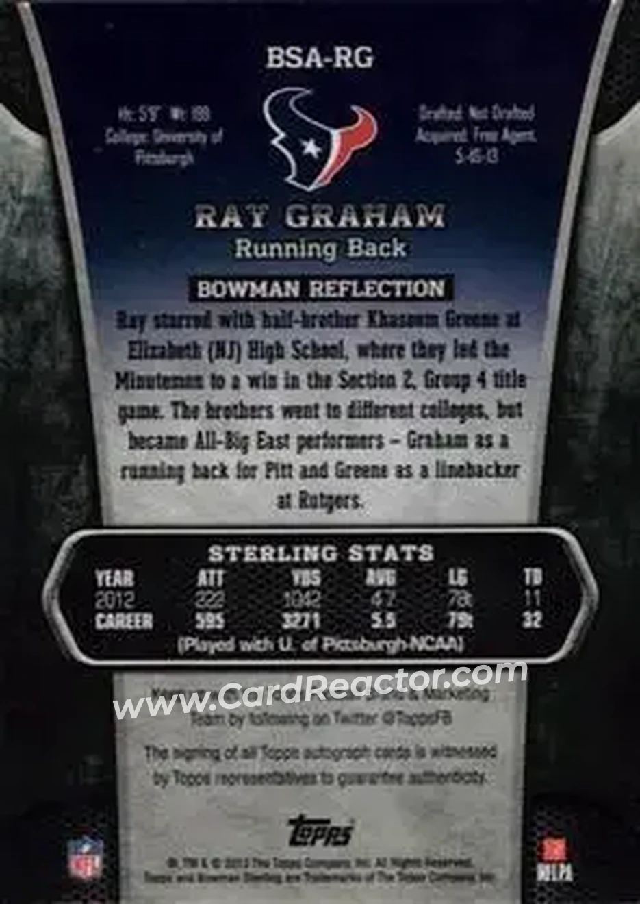 2013 Bowman Sterling - Autographs #BSA-RG - Ray Graham - Houston Texans - Back 2013 Bowman Sterling - Autographs #BSA-RG - Ray Graham - Houston Texans - Back