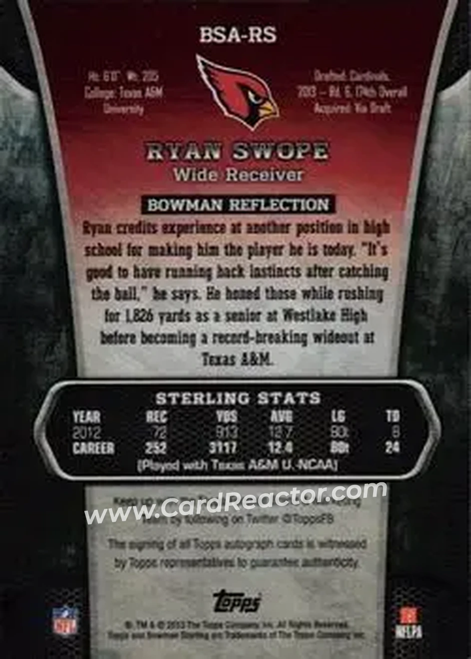 2013 Bowman Sterling - Autographs #BSA-RS - Ryan Swope - Arizona Cardinals - Back