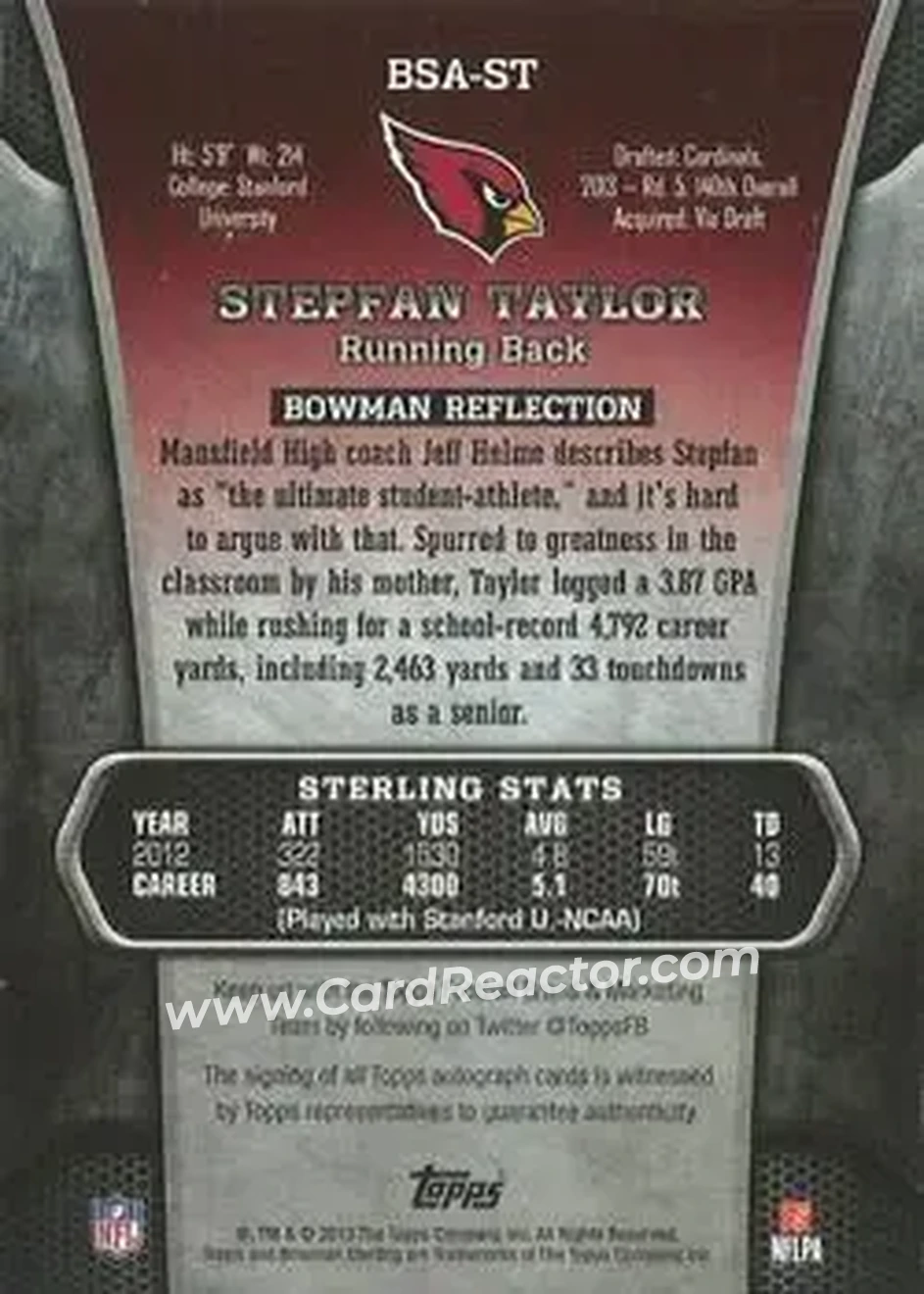 2013 Bowman Sterling - Autographs #BSA-ST - Stepfan Taylor - Arizona Cardinals - Back