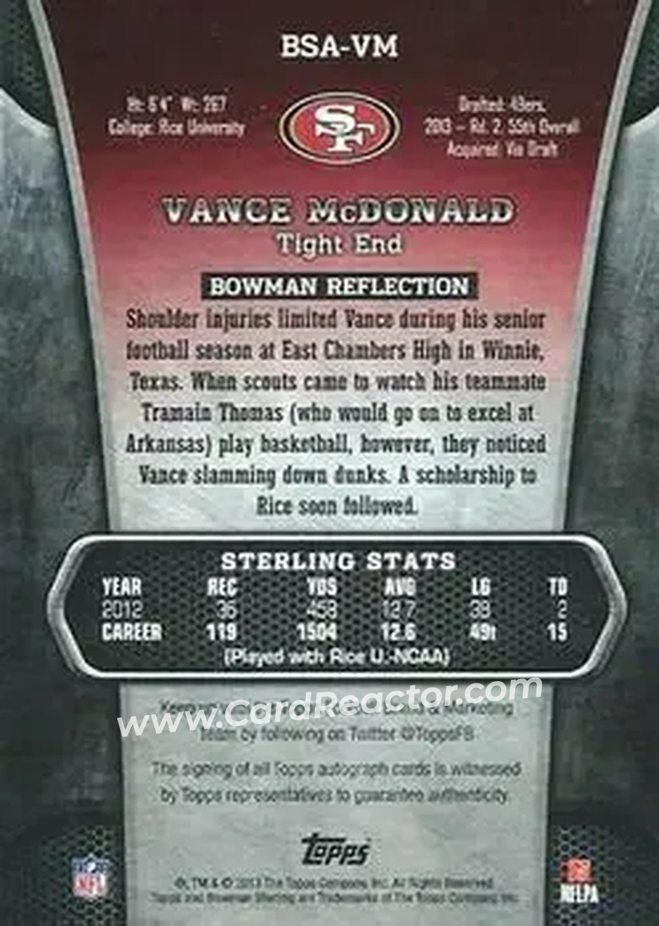 2013 Bowman Sterling - Autographs #BSA-VM - Vance McDonald - San Francisco 49ers - Back