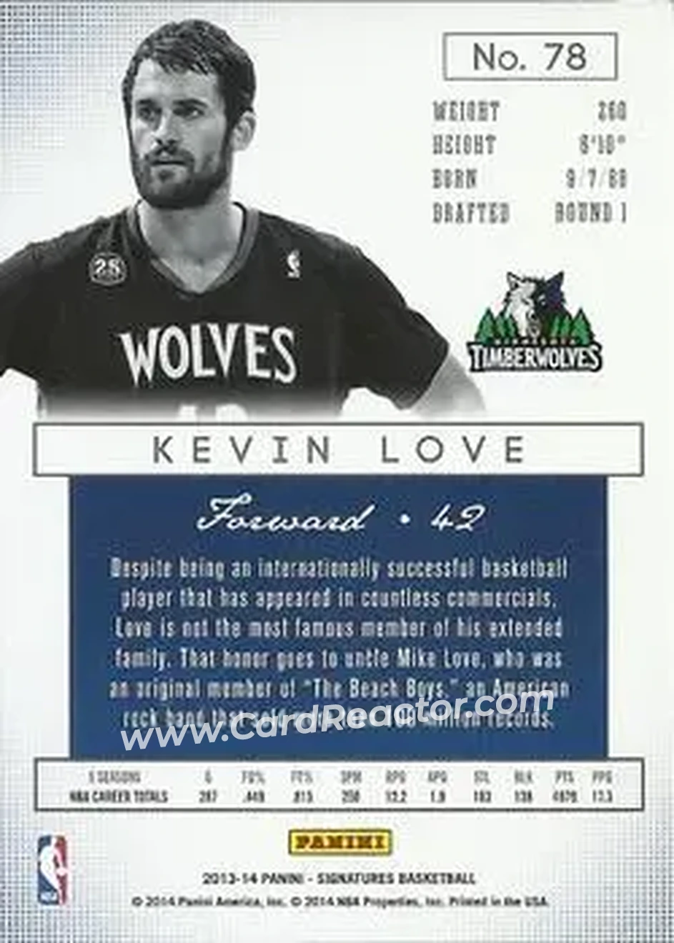 2013-14 Panini Signatures - Green #78 - Kevin Love - Minnesota Timberwolves - Back