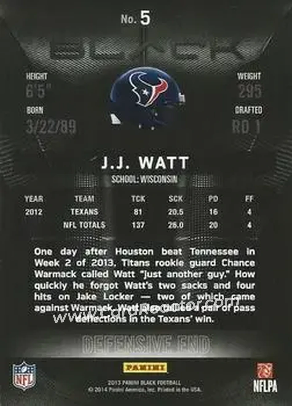 2013 Panini Black #5 - J.J. Watt - Houston Texans - Back 2013 Panini Black #5 - J.J. Watt - Houston Texans - Back
