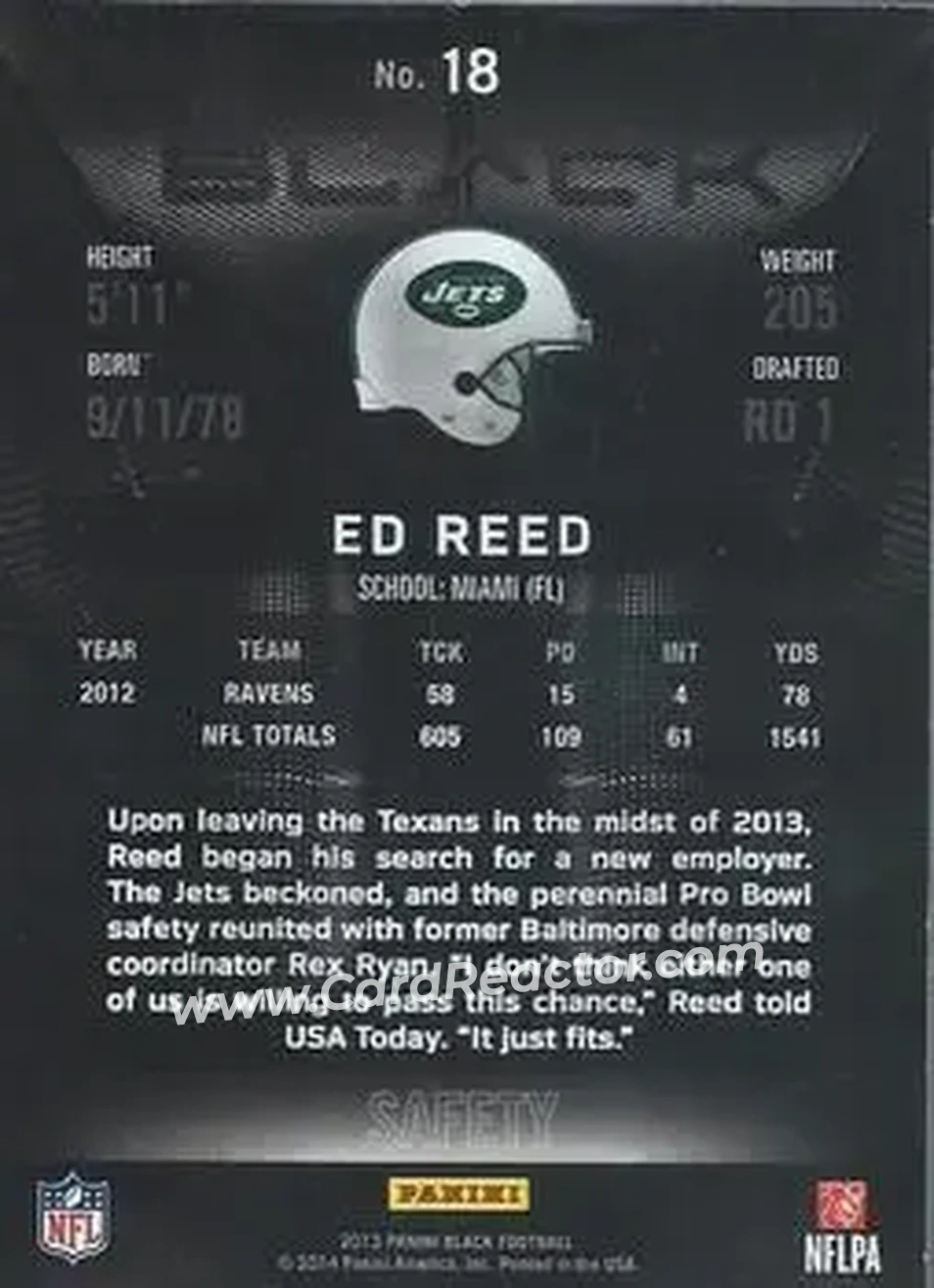 2013 Panini Black #18 - Ed Reed - New York Jets - Back