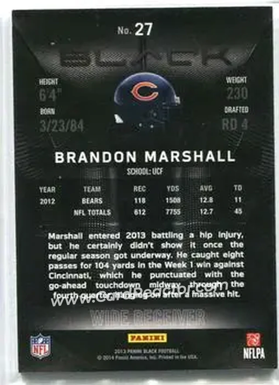 2013 Panini Black #27 - Brandon Marshall - Chicago Bears - Back