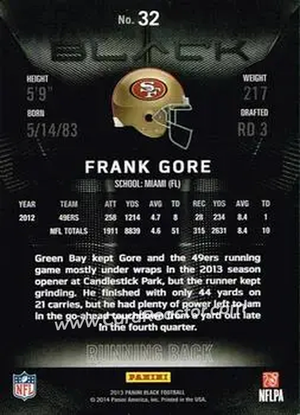 2013 Panini Black #32 - Frank Gore - San Francisco 49ers - Back