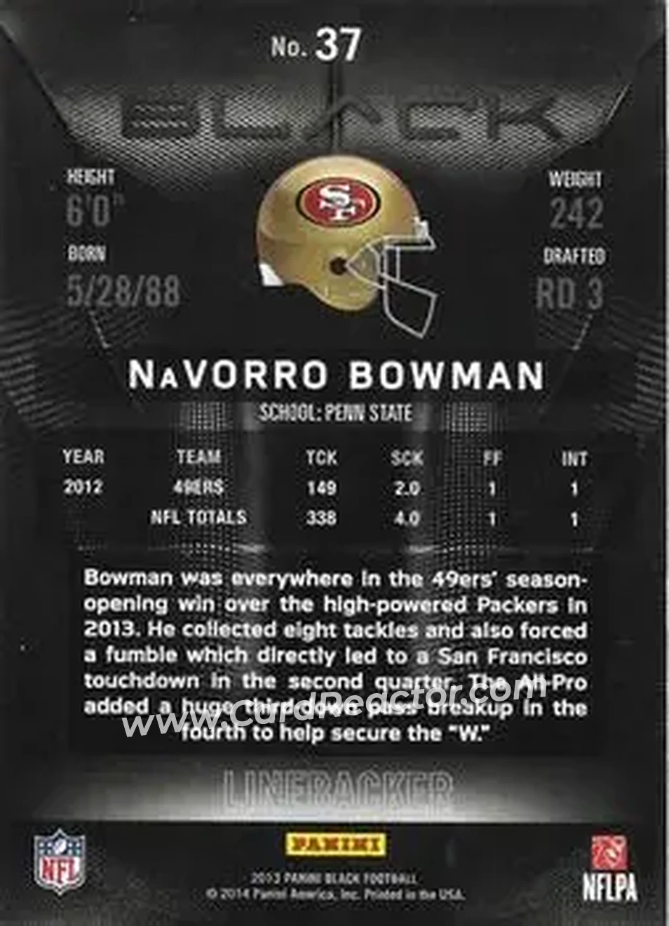 2013 Panini Black #37 - Navorro Bowman - San Francisco 49ers - Back