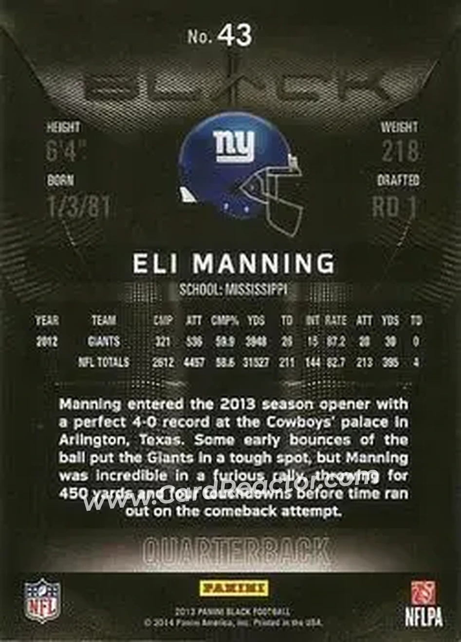2013 Panini Black #43 - Eli Manning - New York Giants - Back