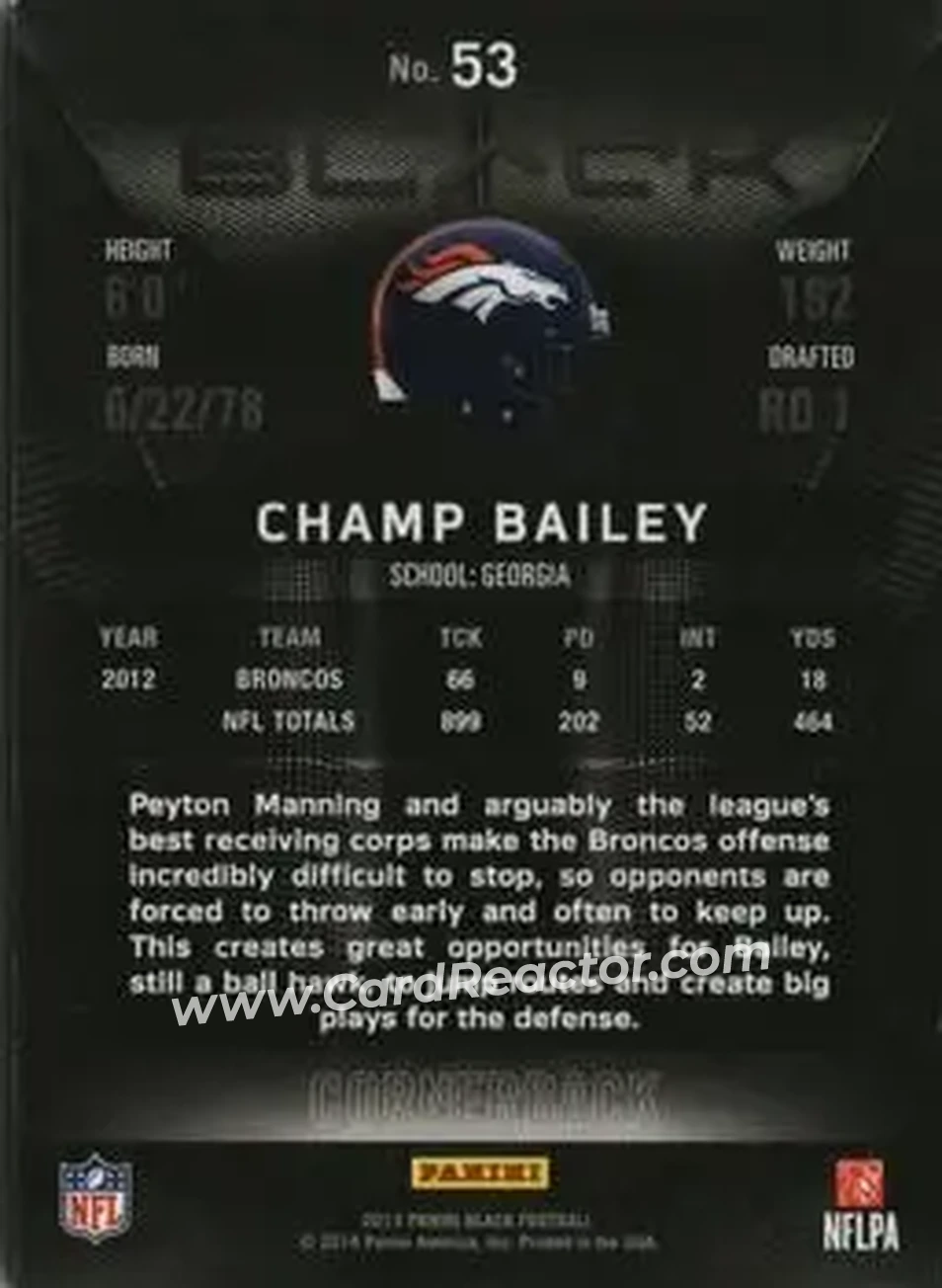 2013 Panini Black #53 - Champ Bailey - Denver Broncos - Back