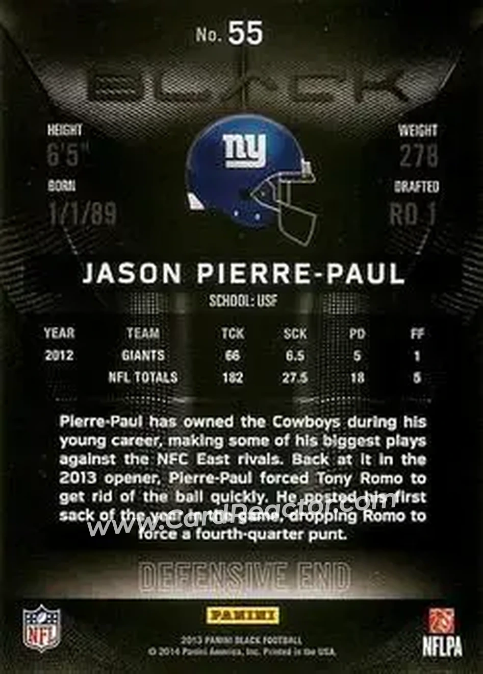 2013 Panini Black #55 - Jason Pierre-Paul - New York Giants - Back
