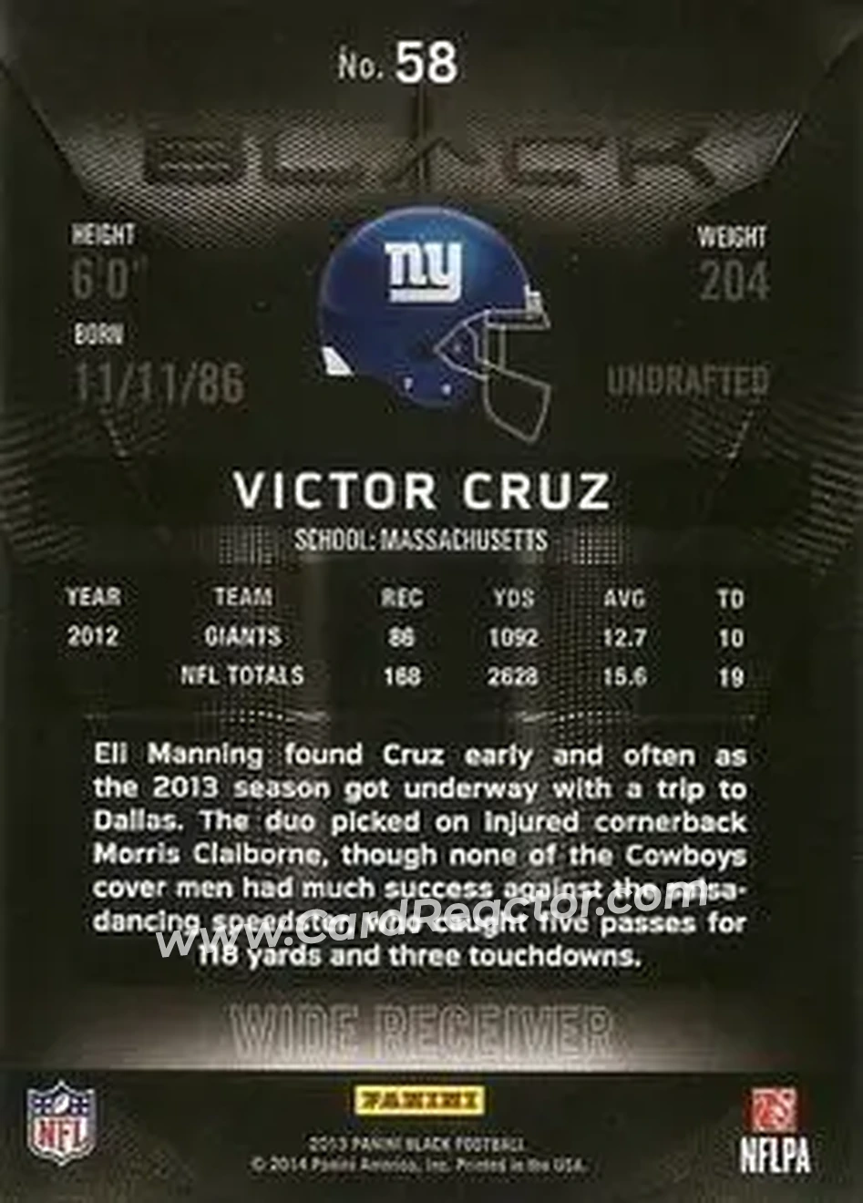 2013 Panini Black #58 - Victor Cruz - New York Giants - Back