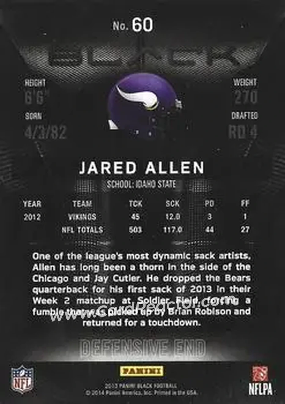 2013 Panini Black #60 - Jared Allen - Minnesota Vikings - Back